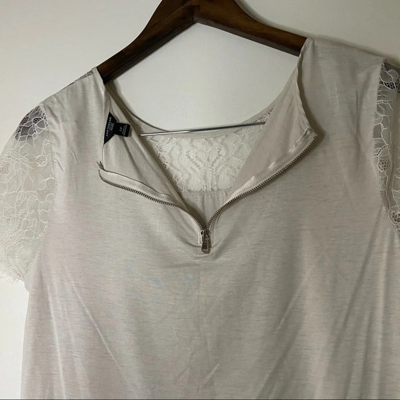 Cream Lace Short Sleeve Top Large Petite Zipper Back Classic Ann Taylor Workwear - Picture 5 of 11